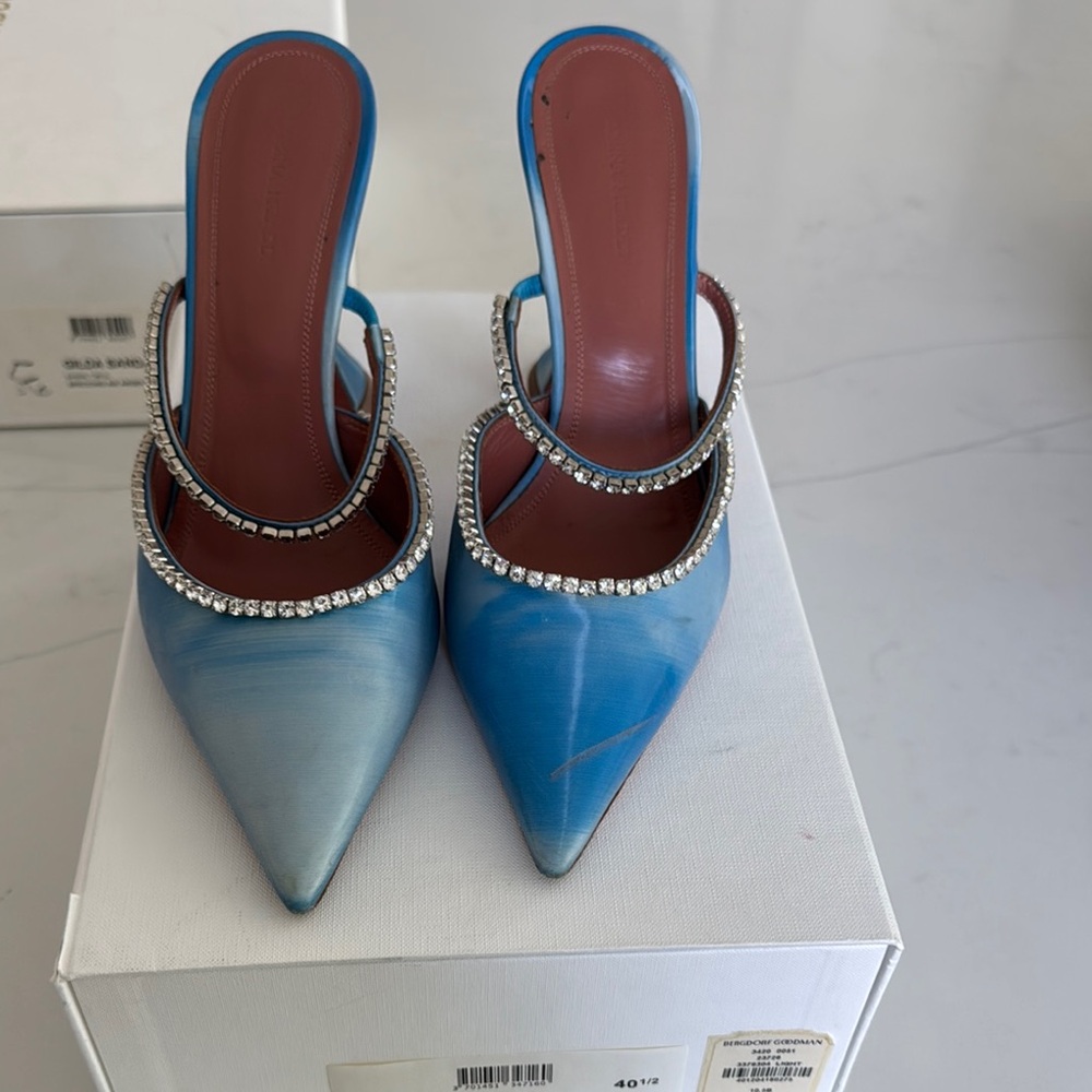 Amina muadddi Blue Women's Heels with Rhinestone Accents. One missing stone